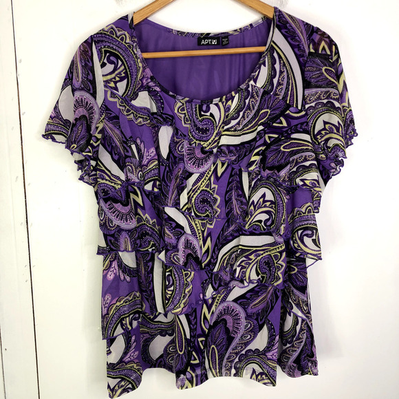 Apt 9 Top Womens 1X Vibrant Purple Paisley Ruffle Tiered Front Sheer Sleeves - Picture 1 of 8